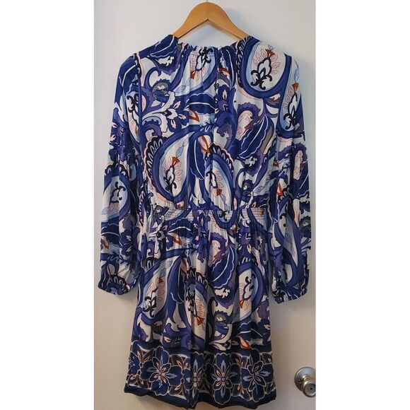 Crown & Ivy Dress Blue Paisley WOM XS Open Neck w/ Detailed Sleeves - Picture 3 of 12